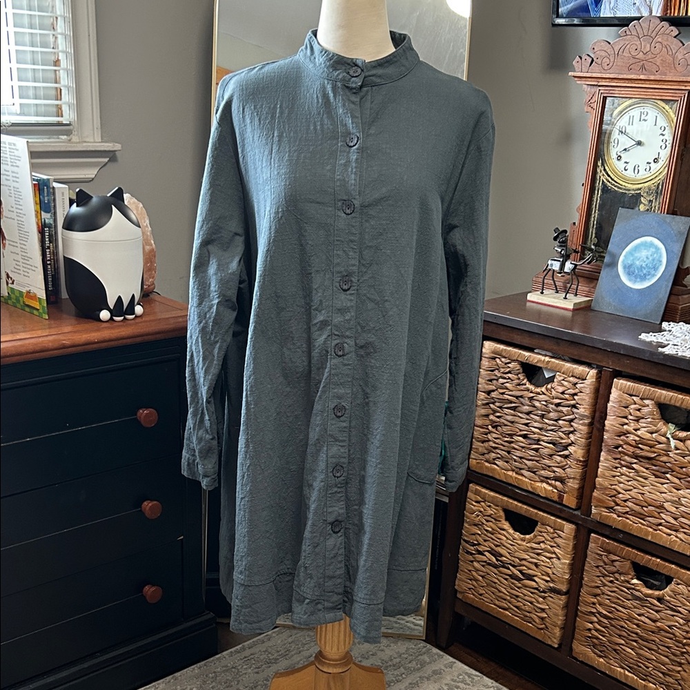 Oversized Button Front Tunic Dress Olive Green Long Sleeve Minimalist XL